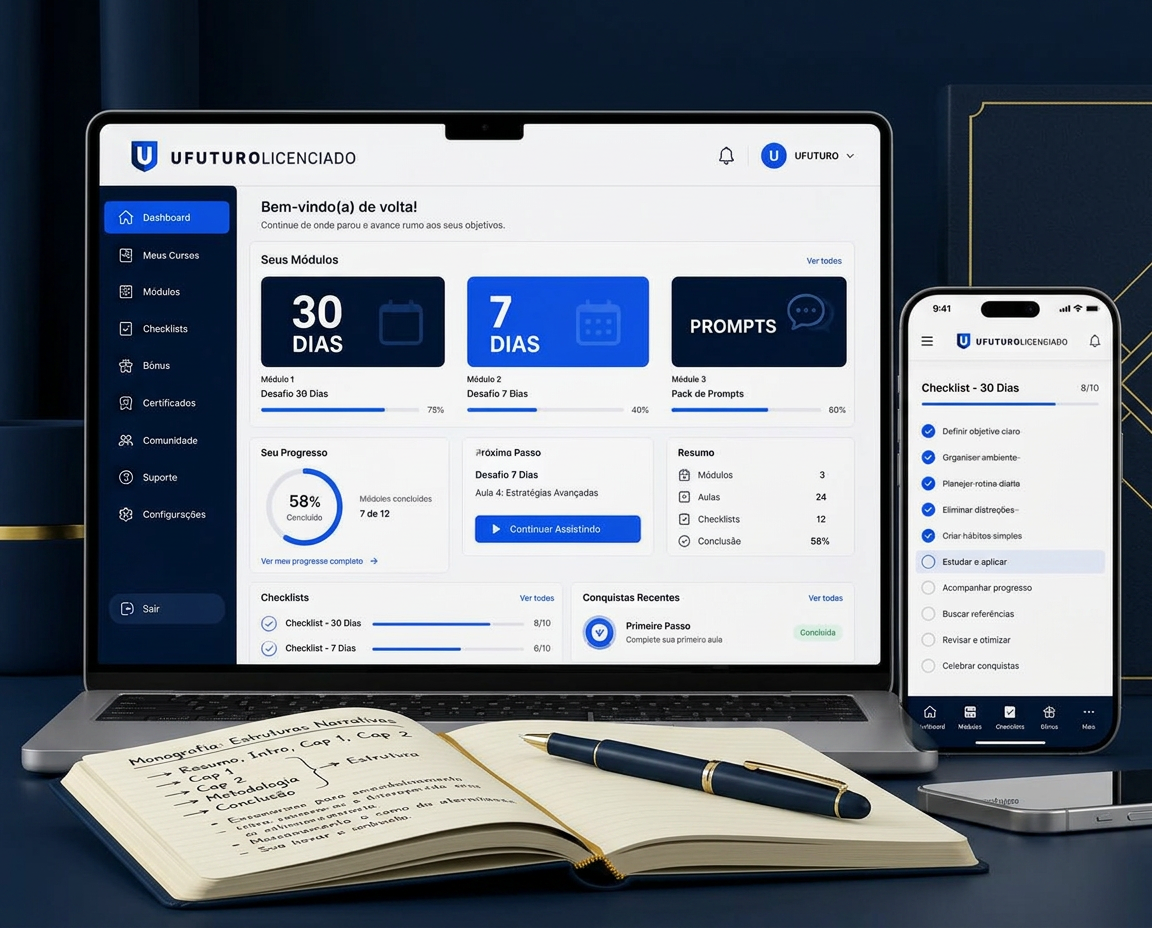 Interface da plataforma UFUTUROLICENCIADO em computador portátil e telemóvel, com módulos de 30 dias, 7 dias e prompts